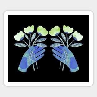 Blue hands with green flowers for yous for you on black background Magnet